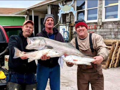 Nice catch!!! Tucker Beaumont with a 32 lb striper. Jim Haynes and Scott Woody with some nice puppy drum. All caught on gold Hopkins on March 6th on Ocracoke.